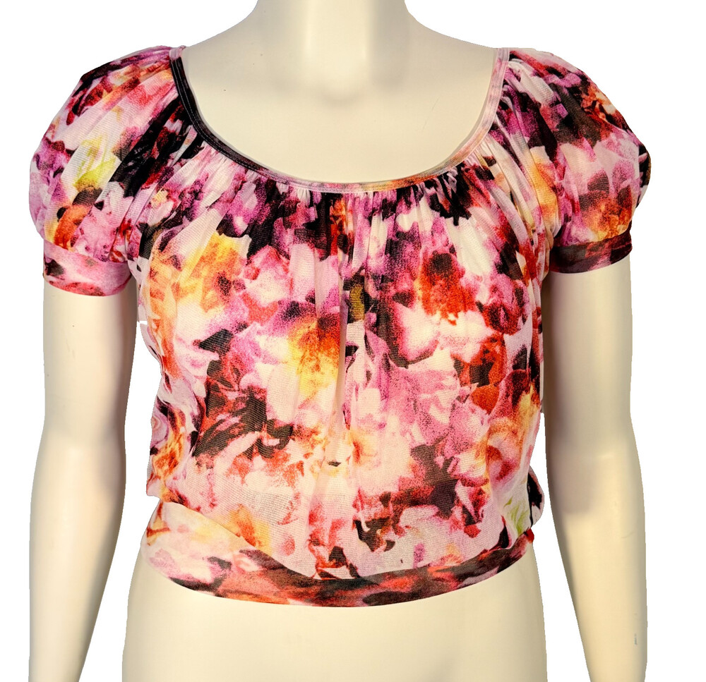 Karen Kane Blouse Women's Size M Purple Red Floral Sheer Mesh Short Balloon Slve